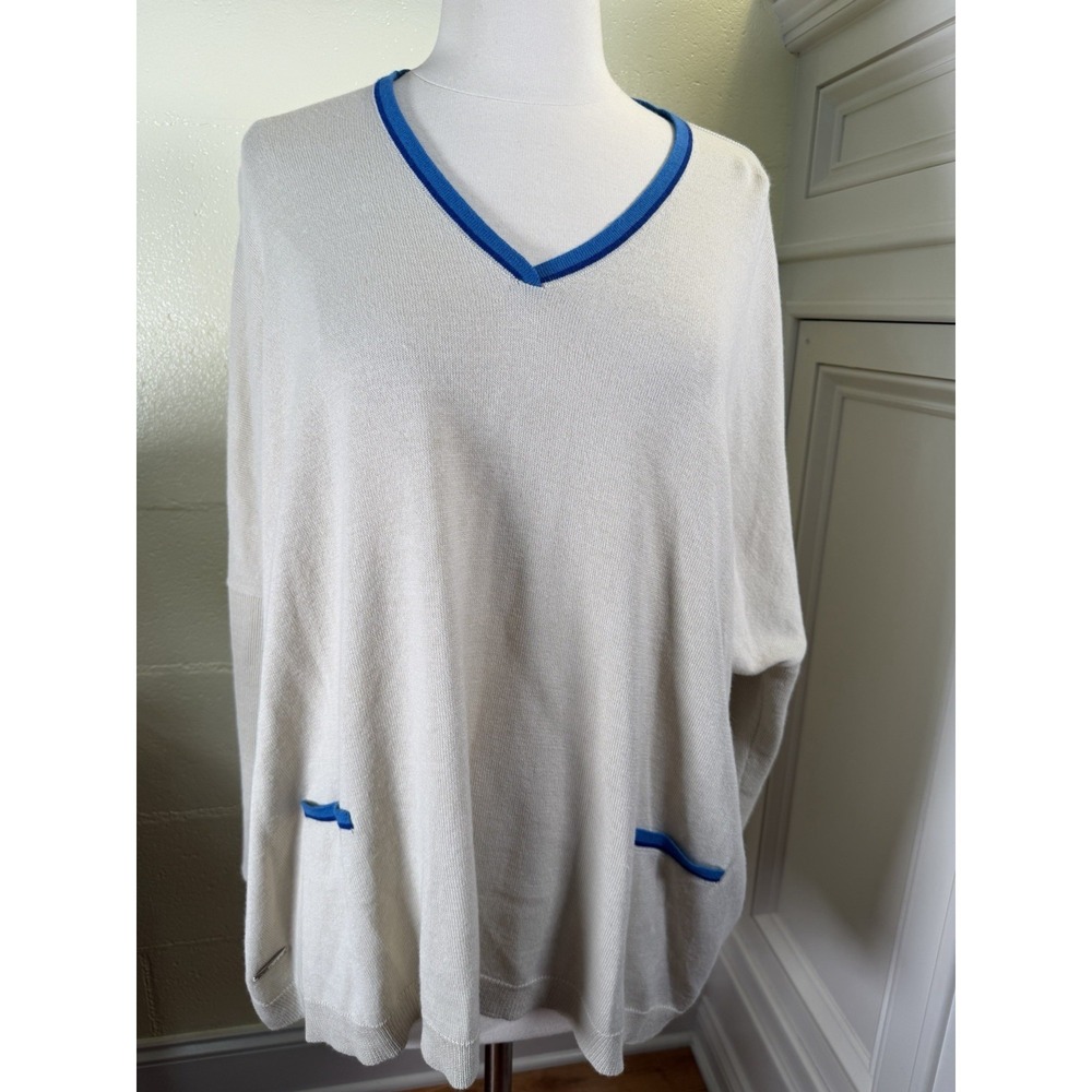 Mersea OS Ivory V-Neck Knit Sweater Blue Trim Oversized Dolman Sleeve Pockets